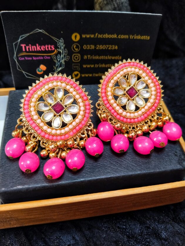 Exquisite Kundan Earrings with Hanging Beads in pink - Traditional Pakistani Jewelry