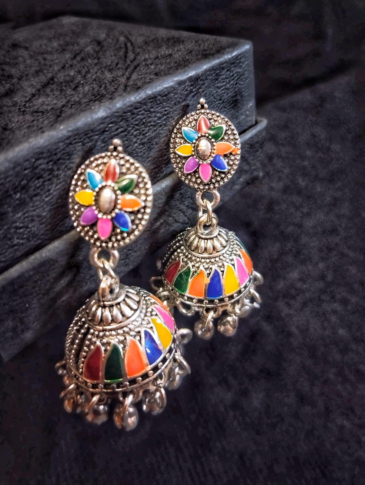 Vibrant Multicolored Meena Kaari Jhumkis with Ghungroos - Traditional Pakistani Earrings