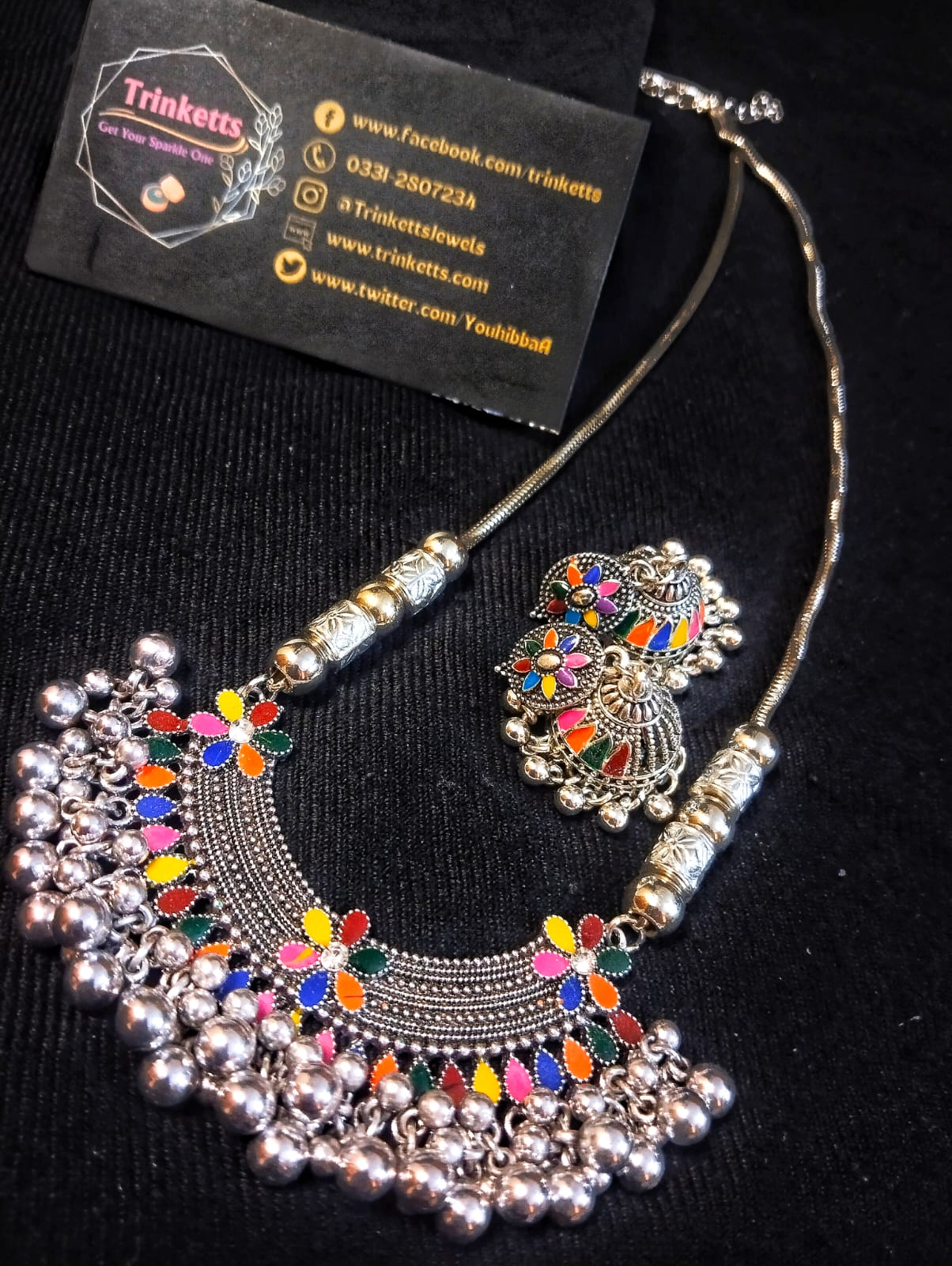 Silver Oxidized Chain with Ghungroo Pendant and Multicolored Meena Kaari Jhumkis - Affordable Pakistani Jewelry