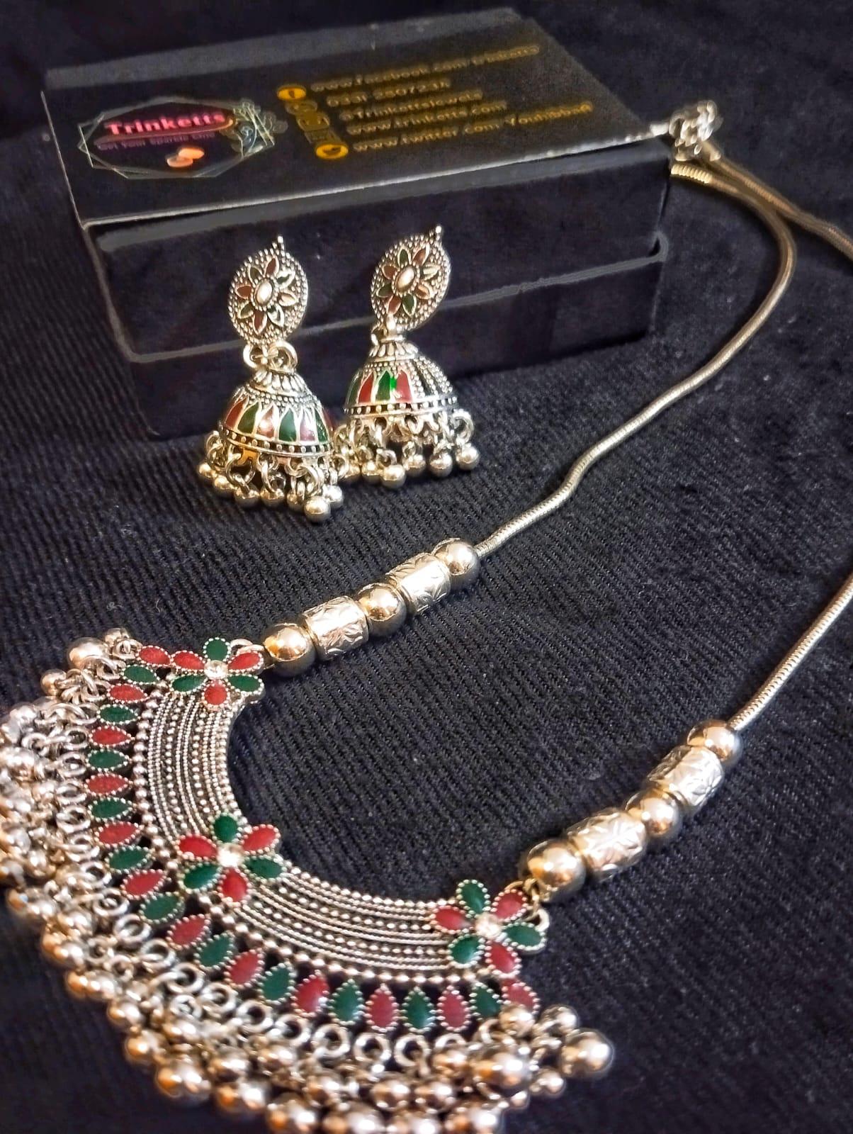 "Silver Oxidized Pendant and Jhumki Set with Meena Kaari in Red and Green - Pakistani Jewelry Collection"
