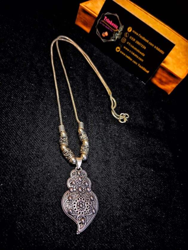 Full view of Elegant Filigree-Shaped Oxidized Silver Pendant with Chain, showcasing intricate filigree design and vintage silver fini