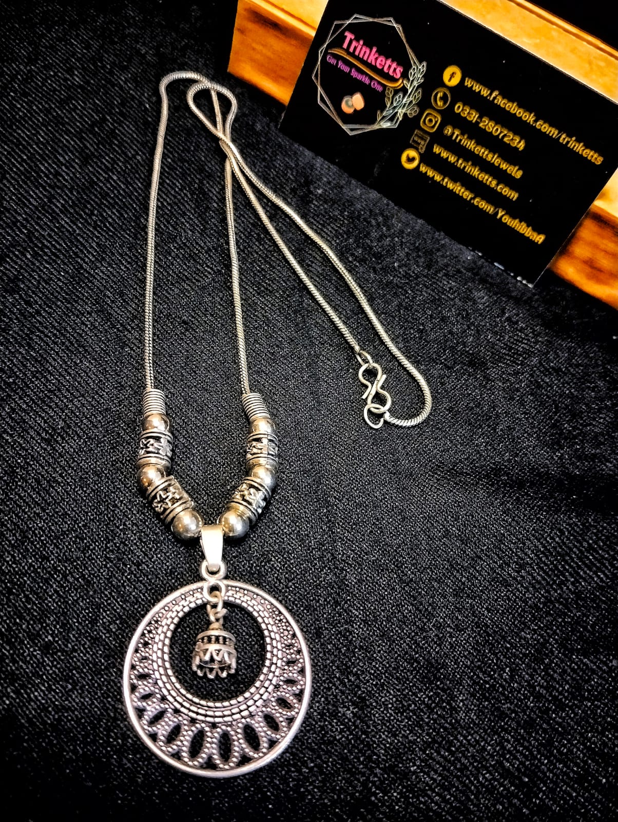 Oxidized Silver Crescent Circle Pendant Necklace with Crescent-Shaped Bottom and Hanging Bell Charm