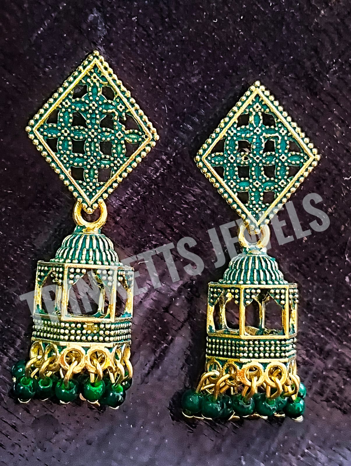 "Upside-Down Dome Design Jhumki Earrings with Square Plate in Indian Oxidized Style, green Color