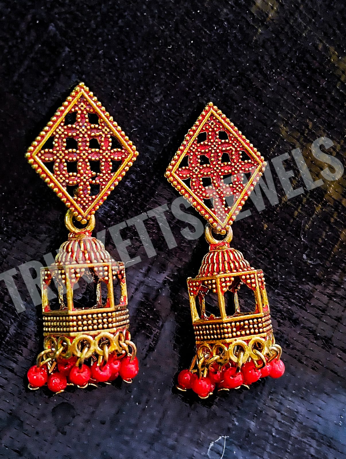 "Upside-Down Dome Design Jhumki Earrings with Square Plate in Indian Oxidized Style, red Color