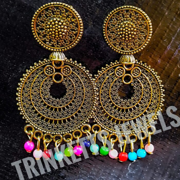 Trinketts' Antique Look Golden Oxidized Earring with Delicate Circular Design and Multicolor Bead Hangings.