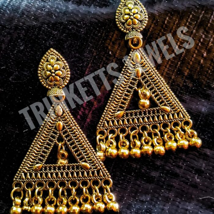 Trinketts Afghan-inspired Triangle Earrings: 1.5-2 inches, Golden Oxidized Metal with Ghungroos. Affordable elegance for Pakistani fashion.