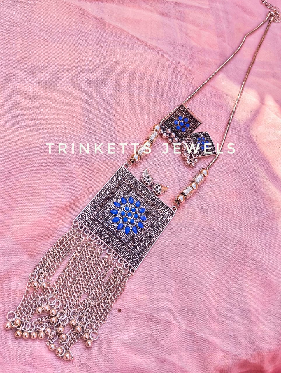 Blue Meenakaari Pendant Set - Intricate Afghan Design with Ghungroo Embellishments - Adjustable Chain Included.